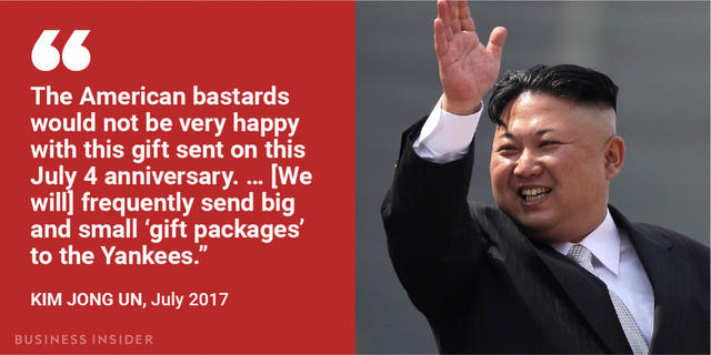 Nhân ngày Quốc khánh Mỹ 4/7, ông Kim Jong-un cảnh báo: “Những người Mỹ xấu xa sẽ không vui khi món quà này được gửi vào lễ kỷ niệm 4/7… (Chúng ta) sẽ thường xuyên gửi những gói quà lớn và nhỏ tới người Mỹ”. Trước đó ngày 3/7, Triều Tiên đã phóng tên lửa đạn đạo liên lục địa Hwasong-14 và tuyên bố tên lửa này có thể tấn công bất kỳ mục tiêu nào trên thế giới. “Món quà” mà ông Kim Jong-un nhắc tới là những vụ phóng tên lửa như vậy.