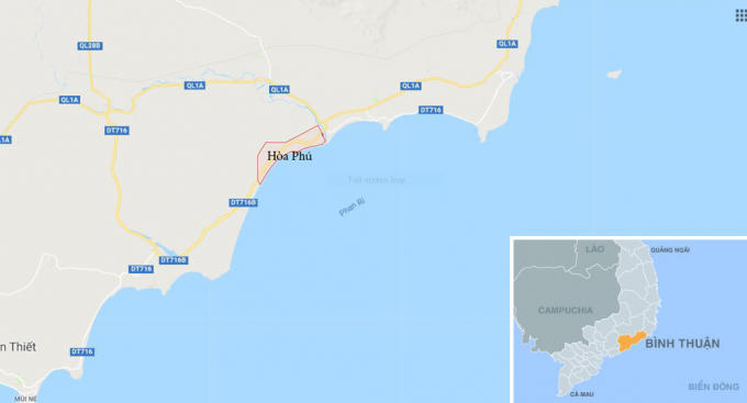 Xã Hòa Phú (màu hồng), nơi Công ty Dương Đông Hòa Phú nhập lậu hàng trăm triệu lít xăng dầu. Ảnh: Google Maps.