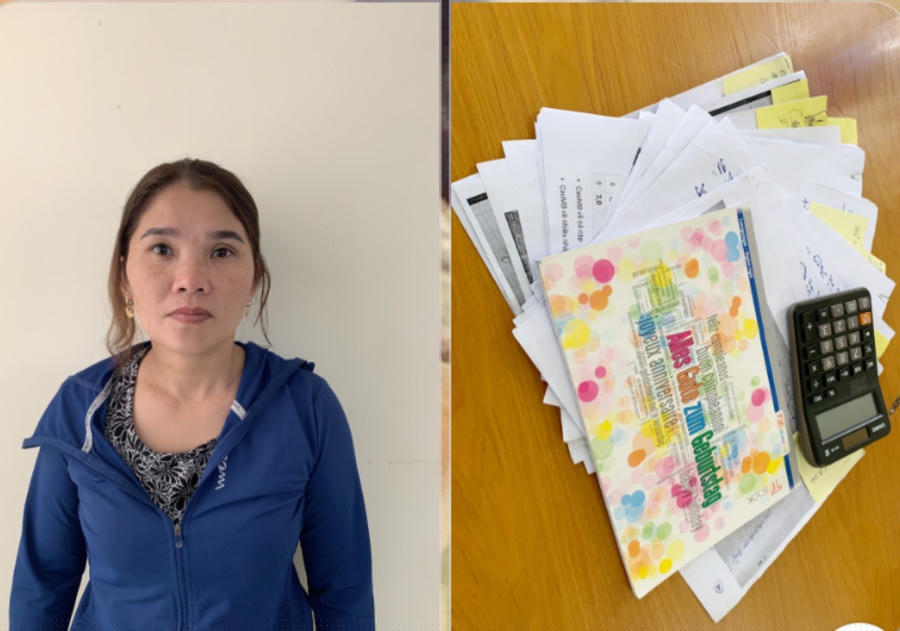 Đối tượng cầm đầu Nguyễn Thị Huệ cùng tang vật.
