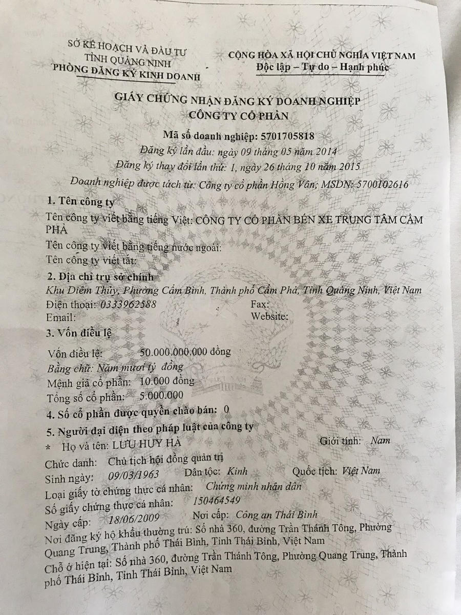 Giấy chứng nhận đăng ký doanh nghiệp công ty cổ phần thay đổi lần thứ nhất được cấp cho ông Lưu Huy Hà, làm Chủ tịch HĐQT còn ông Bùi Đức Thành, làm Giám đốc.
					
				
			
			Giấy chứng nhận đăng ký doanh nghiệp công ty cổ phần thay đổi lần thứ nhất được cấp cho ông Lưu Huy Hà, làm Chủ tịch HĐQT còn ông Bùi Đức Thành, làm Giám đốc.