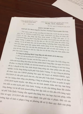 Công an phường Dịch Vọng Hậu đã có đề xuất lên công an quận Cầu Giấy, UBND phường Dịch Vọng Hậu về kế hoạch đối với chợ trên phố Trần Quốc Vượng.