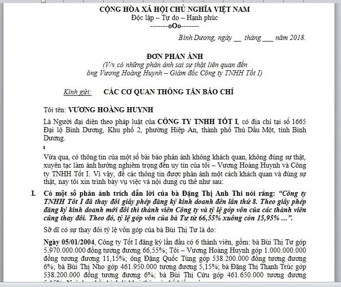 Đơn phản ánh gửi báo chí của ông Huynh