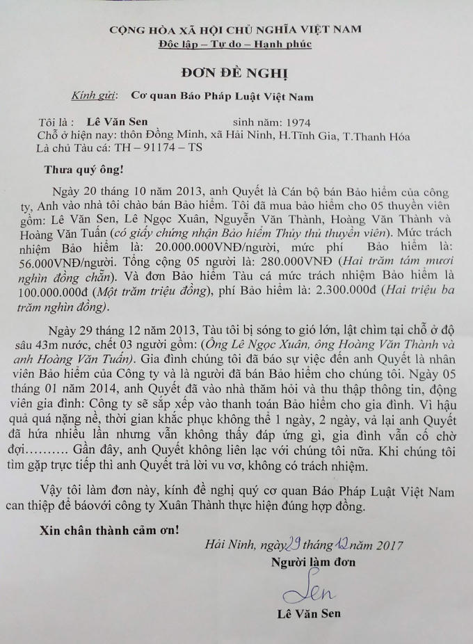 Đơn thư của ông Lê Văn Sen gửi tới Pháp Luât Plus