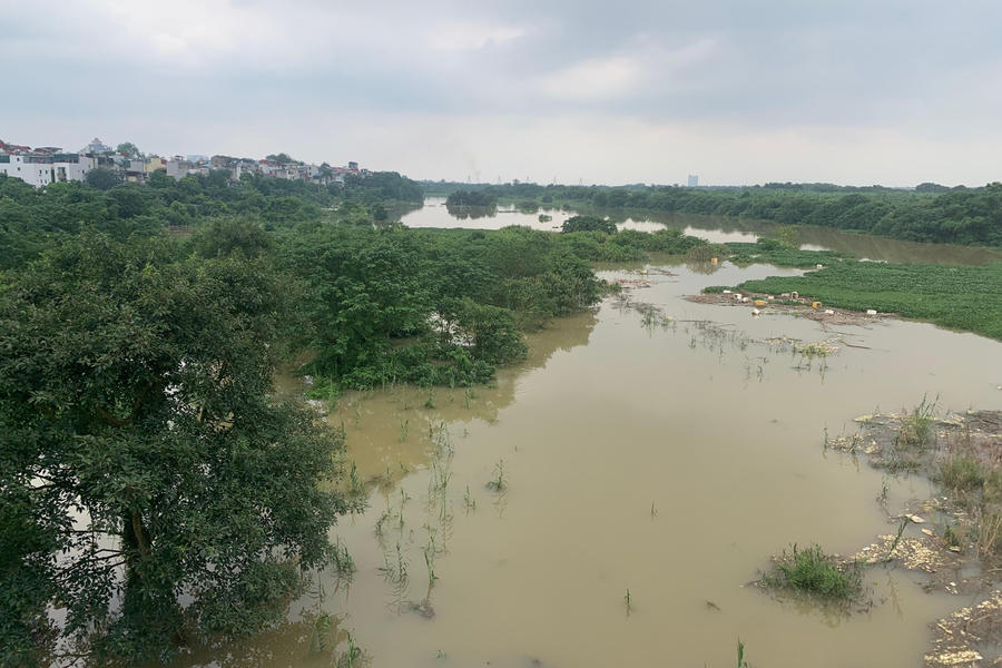 Sau những trận mưa lớn, nhà máy thủy điện Hòa Bình xả lũ 4 cửa đáy khiến mực nước sông Hồng chỉ trong một ngày đã dâng lên rất cao, xấp xỉ 6 m, dưới mức báo động 1 là 3,5 m.