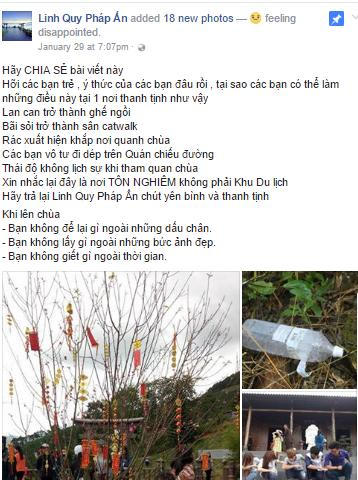Fanpage Linh Quy Pháp Ấn trưa hôm mùng 4 Tết (31/1) phải đăng tải status kêu gọi ý thức của du khách. Hàng nghìn lượt chia sẻ cùng các bình luận từ cộng đồng mạng, lên tiếng chỉ trích ý thức chưa tốt của những du khách trẻ tới viếng chùa.