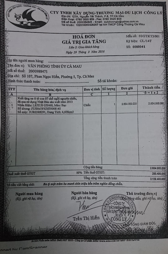 2 hóa đơn 2 xe Lexus được nơi bán xuất cho Công ty Công Lý.