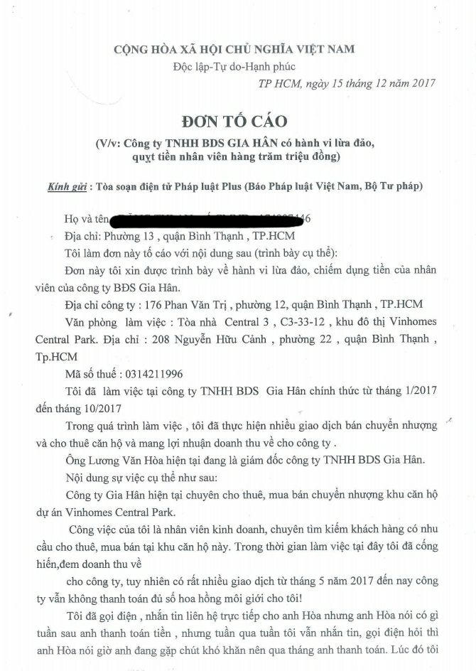 Đơn tố cáo Công ty BĐS Gia Hân về hành vi lừa đảo, quỵt tiền nhân viên.