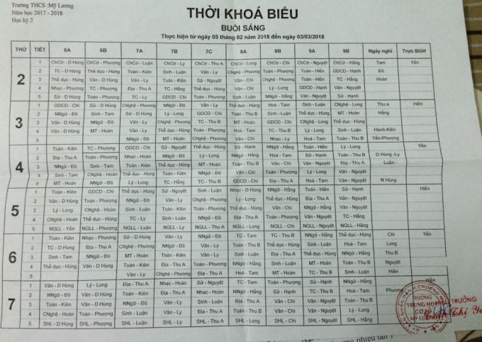 Thời khoá biểu được lên trước khi sự việc xảy ra ngày 2/3/2018 cho thấy buổi chiều hôm đó toàn trường không có lịch lên lớp.