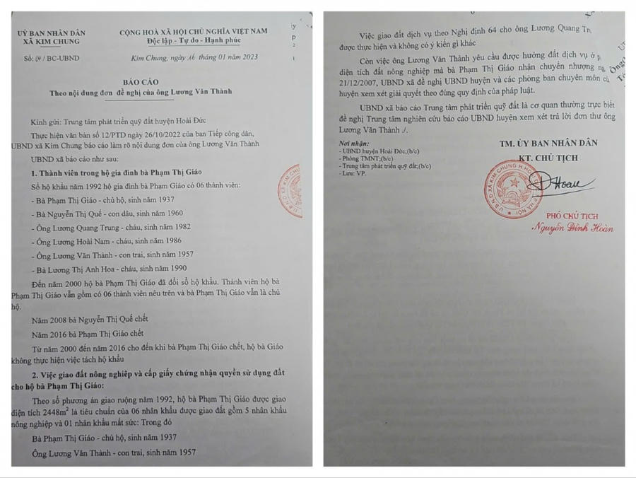 Báo cáo năm 2023 của UBND xã Kim Chung (cũ), kiến nghị Trung tâm Phát triển quỹ đất , đề nghị Trung tâm nghiên cứu báo cáo UBND huyện Hoài Đức xem xét trả lời công dân.