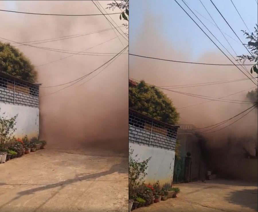 Bụi, đất, đá bao trùm khu vực tổ 2, phường Chiềng Cơi sau khi đơn vị thi công cho nổ mìn