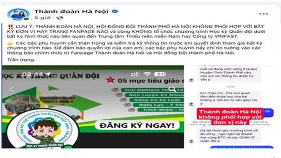 Thành đoàn - Hội đồng Đội thành phố Hà Nội cảnh báo lừa đảo liên quan đến “Học kỳ Hè Quân đội năm 2025”. (Ảnh chụp màn hình)