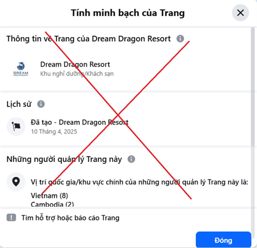 Hình ảnh page giả, mạo danh Dream Dragon Resort. (Ảnh: BCA)