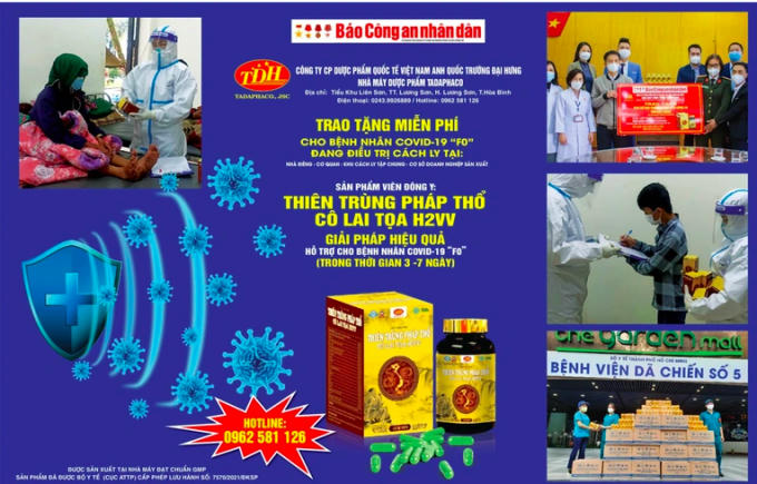 Trao tặng miễn phí sản phẩm Viên thảo mộc Thiên trùng pháp thổ Cô lai tọa H2VV tại các khu cách ly, bệnh viện trên các địa bàn vùng dịch….