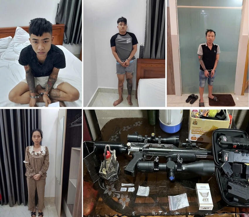 Công an bắt giữ các đối tượng và thu giữ tang vật gồm hơn 70 gam ma túy, 1 súng khí nén hơi, 1 súng bắn điện và dùi cui điện (CACC).