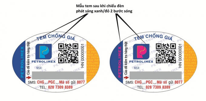 Hình 5: Chữ “PETROLIMEX” hiển thị hai màu khác nhau ứng với mỗi bước sóng của đèn chiếu tia cực tím
