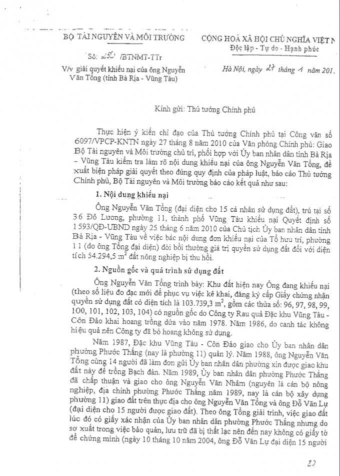 Bộ Tài nguyên- Môi trường kiến nghị Thủ tướng Chính phủ yêu cầu UBND tỉnh Bà Rịa- Vũng Tàu giải quyết quyền lợi cho người dân.