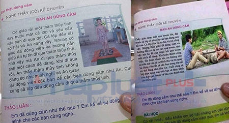 Nội dung và hình ảnh 2 thanh niên mặc áo kẻ caro cưa bom không khác so với nội dung cuốn sách dạy trẻ em đi trên thủy tinh đã thu hồi. Ảnh: Nguyễn Bảo.