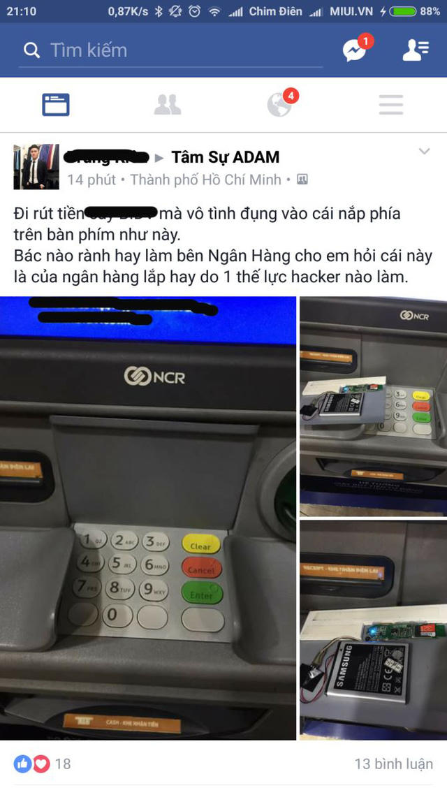 Thiết bị lạ đặt tại nắp đậy phía trên phần bàn phím nhập mã PIN.