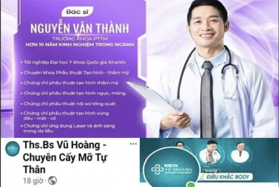 Trang Facebook quảng cáo trái phép: “Bác Sĩ Thành – Chuyên Hủy Mỡ Toàn Thân”; “Ths.Bs Vũ Hoàng – Chuyên Cấy Mỡ Tự Thân” (Ảnh: Sở Y tế TP HCM).