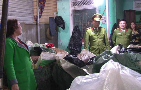 Lực lượng chức năng đang kiểm tra tại cơ sở sản xuất giá đỗ của bà Hạnh.