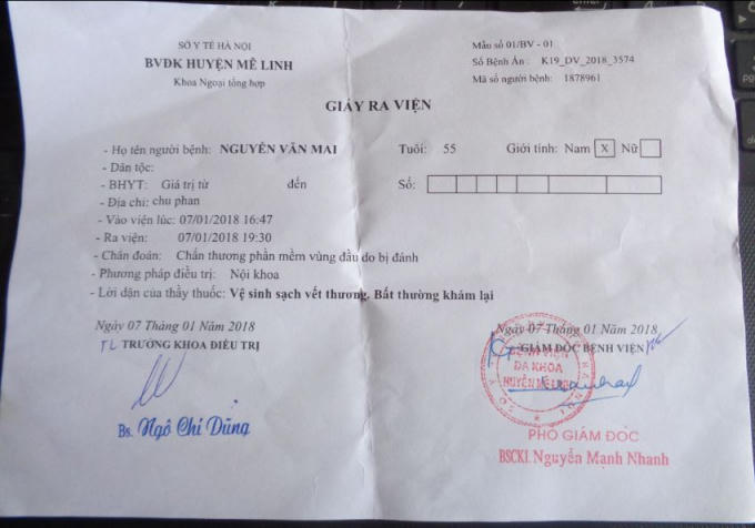 Giấy ra viện của ông Mai được BV Đa khoa huyện Mê Linh cấp sau khi điều trị tại bệnh viện.