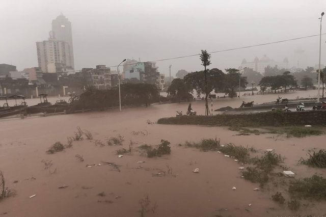 Nhiều tuyến đường ở Móng Cái ngổn ngang biển quảng cáo, lều bạt, cây cối bị gió cuốn tung hoặc ngập băng trong nước.