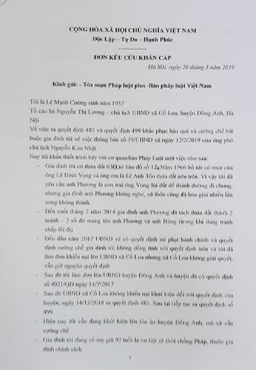Đơn kêu cứu khẩn cấp của ông Cường gửi báo Pháp luật Việt Nam.