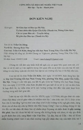 Đơn kiến nghị của gia đình anh Dũng gửi lãnh đạo Sở GD&ĐT Hà Nội.