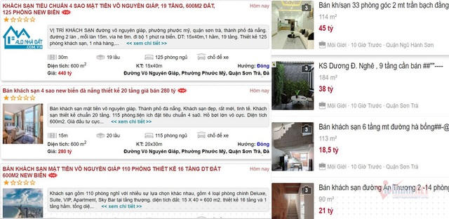 Hàng loạt khách sạn ở Đà Nẵng rao bán trên các diễn đàn bất động sản