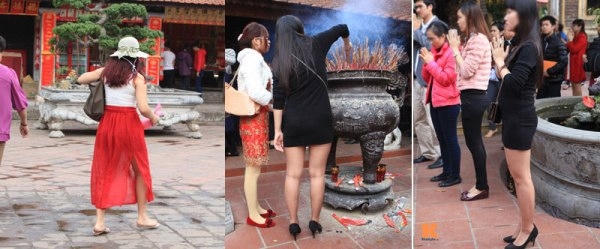 Đi lễ chùa nên chọn những trang phục giản dị, kín đáo, không mặc những trang phục hở hang như thế này. Ảnh: internet.