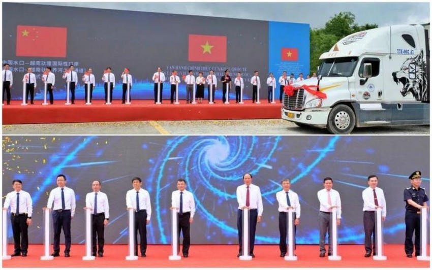 Hai bên cùng ấn nút khởi động vận hành chính thức Cửa khẩu quốc tế Tà Lùng (Việt Nam) - Thủy Khẩu (Trung Quốc), và thông xe giữa 2 cặp cửa khẩu.