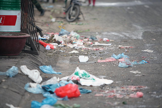 Các loại phế phẩm từ giết mổ gia cầm, cá bị vứt bỏ tràn lan trên vỉa hè hoặc miệng cống sát lề đường như thế này...