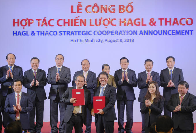 Lễ công bố hợp tác chiến lược của Công ty Cổ phần Hoàng Anh Gia Lai (HAGL) và Công ty Cổ phần Ô tô Trường Hải (Thaco). Ảnh: VGP/Quang Hiếu