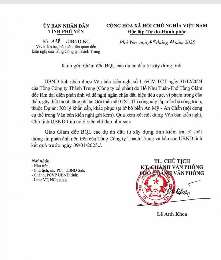 Văn bản của UBND tỉnh Phú Yên yêu cầu Giám đốc Ban quản lý các dự án Đầu tư xây dựng tỉnh Phú Yên báo cáo trước ngày 9/01/2025.