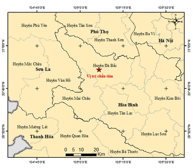 Bản đồ tâm chấn động đất. (Ảnh: Viện Vật lý địa cầu).
