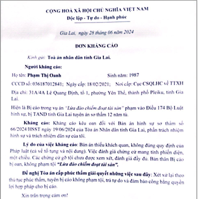 Bị cáo Phạm Thị Oanh kháng cáo, kêu oan đối với Bản án Hình sự sơ thẩm số 66/2024/HSST ngày 19/6/2024 của TAND tỉnh Gia Lai.