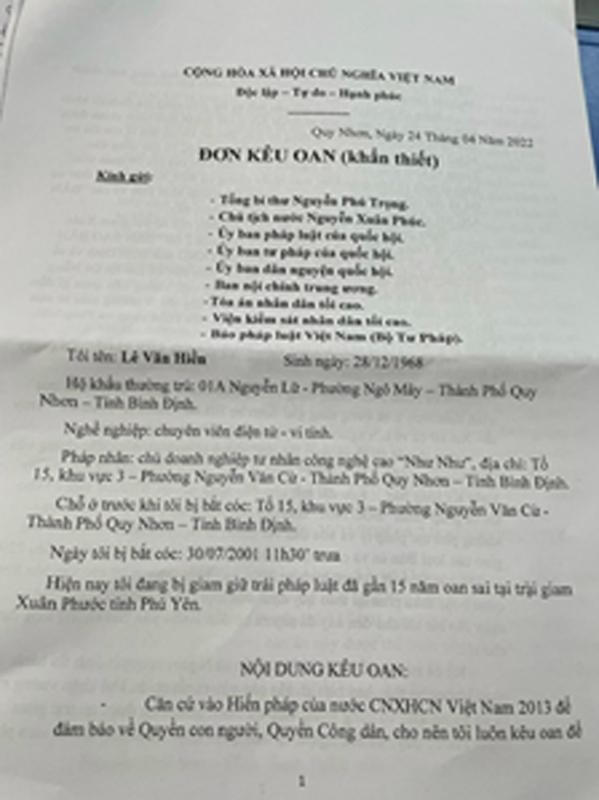 Đơn kêu oan của ông Hiền.