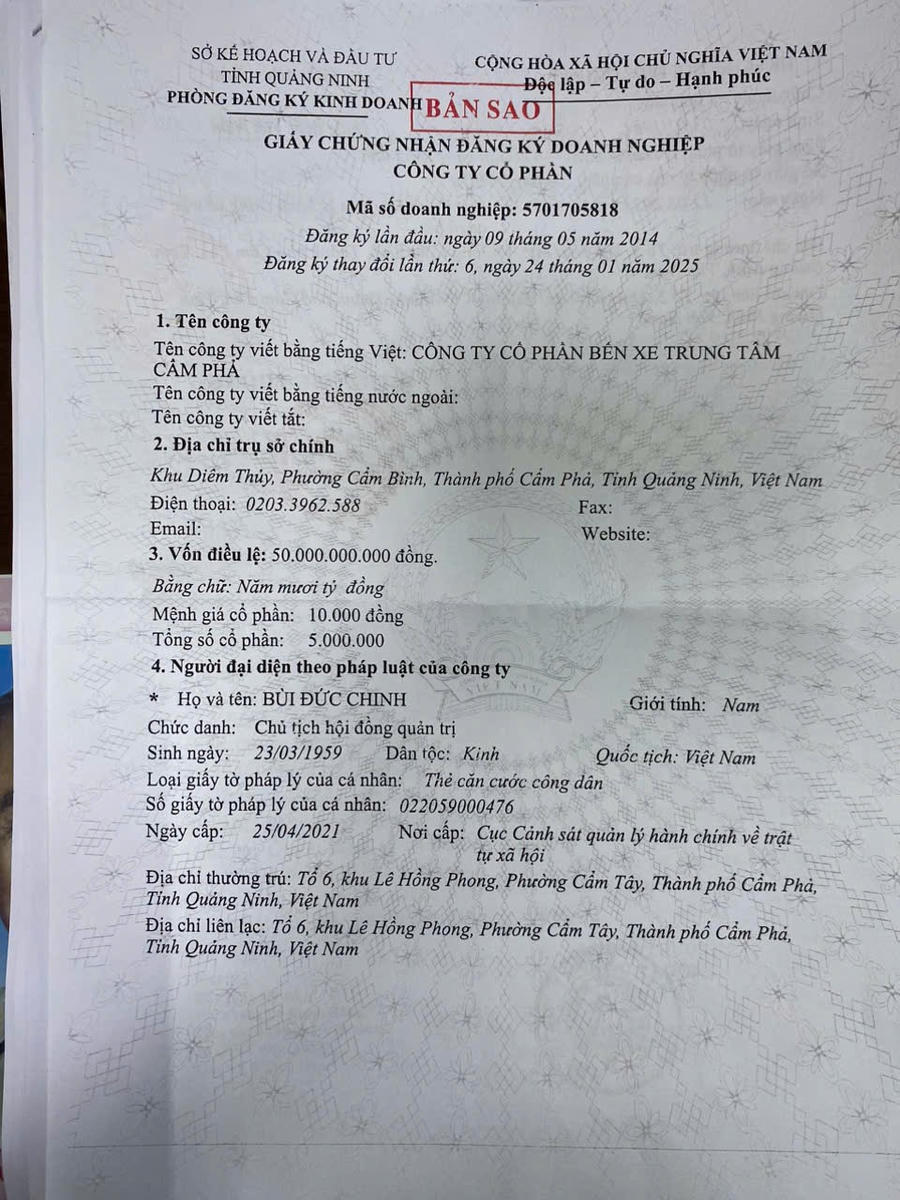Giấy đăng ký doanh nghiệp Công ty Cổ phần thay đổi lần thứ 6 do ông Nguyễn Đức Hùng, Phó trưởng phòng ĐKKD cấp cho ông Bùi Đức Chinh làm Chủ tịch HĐQT còn ông Bùi Đức Chung làm Giám đốc.
					
				
			
			Giấy đăng ký doanh nghiệp Công ty Cổ phần thay đổi lần thứ 6 do ông Nguyễn Đức Hùng, Phó trưởng phòng ĐKKD cấp cho ông Bùi Đức Chinh làm Chủ tịch HĐQT còn ông Bùi Đức Chung làm Giám đốc.