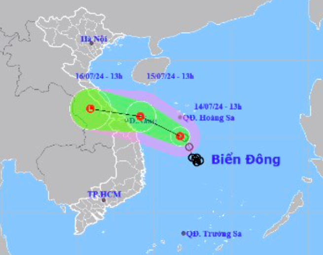 Cập nhật vị trí và đường đi của áp thấp nhiệt. Ảnh: Trung tâm Dự báo Khí tượng Thủy văn Quốc gia