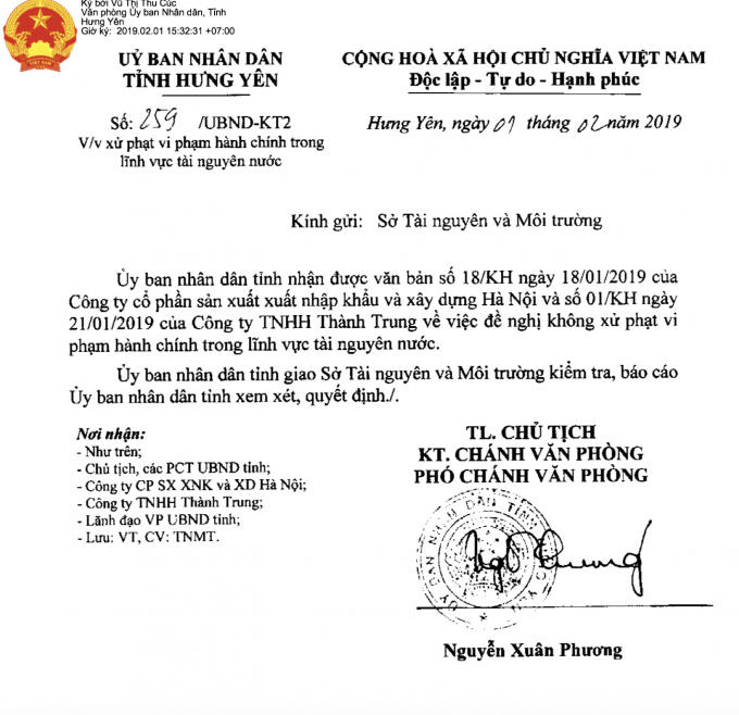 Văn bản mà 2 công ty này xin tỉnh Hưng Yên không xử phạt.