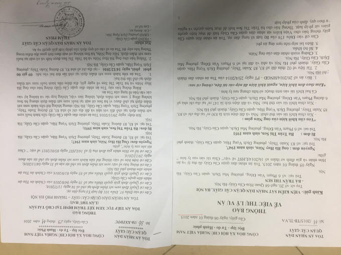 Thông báo thụ lý vụ án và văn bản thể hiện sự bất hợp tác của bị đơn.