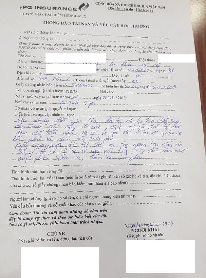 Th&ocirc;ng b&aacute;o tai nạn v&agrave; y&ecirc;u cầu bồi thường của chị N.T.H.