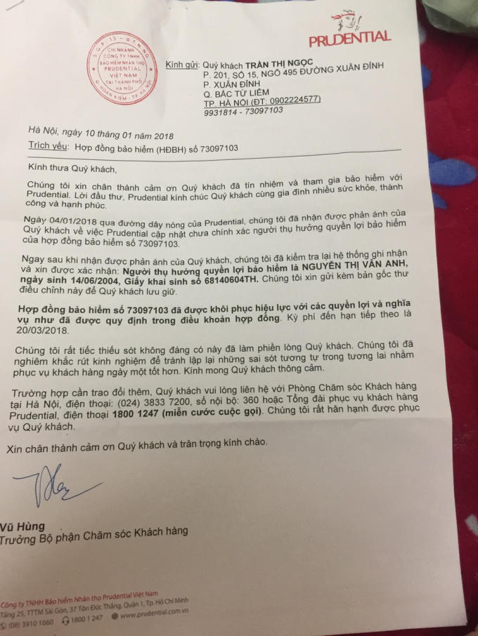 Văn bản của công ty bảo hiểm  Prudential.