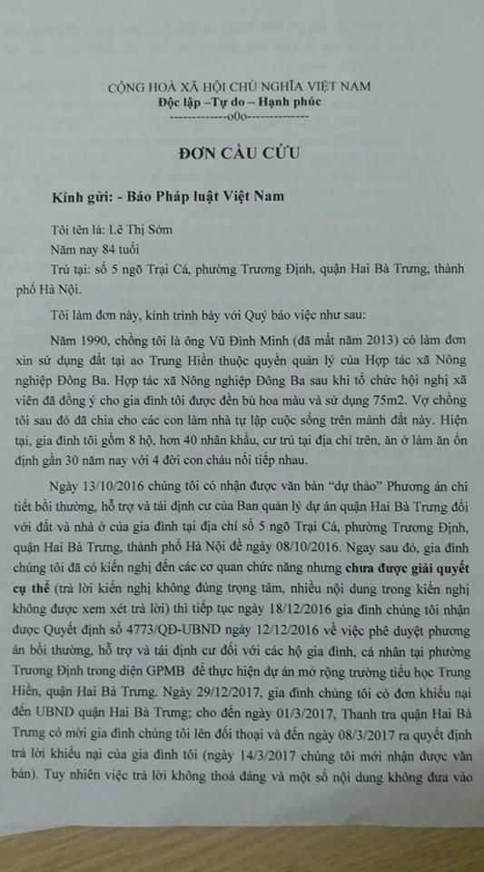 Lá đơn của bà Lê Thị Sớm gửi đến Nhịp cầu bạn đọc.