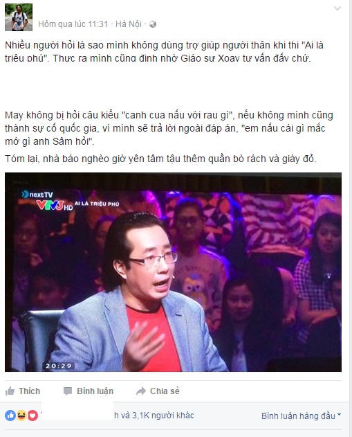 Nhà báo Trương Anh Ngọc lý giải tại sao mình không dùng đến quyền trợ giúp "Gọi điện thoại cho người thân". (Nguồn Facebook: BLV Trương Anh Ngọc).