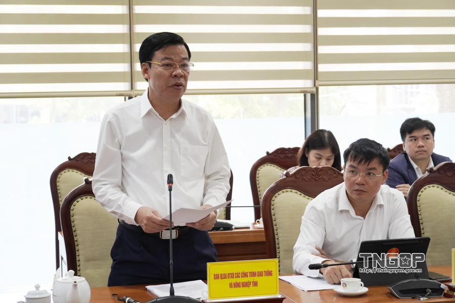Lãnh đạo Ban Quản lý dự án các công trình giao thông và nông nghiệp tỉnh trình bày nội dung Dự án Hệ thống công trình chống ngập trung tâm và Dự án xây dựng mới cầu Gia Bẩy.