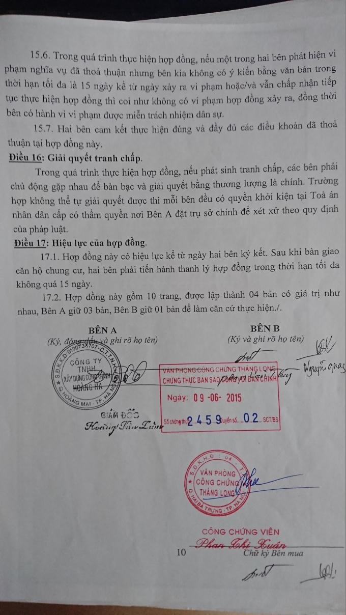 Hợp đồng mua bán căn hộ giữa khách hàng và công ty Hoàng Hà