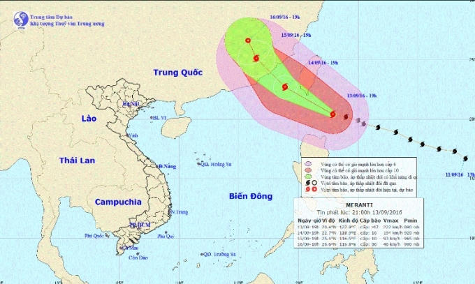 Dự b&aacute;o hướng đi của si&ecirc;u b&atilde;o Meranti. Ảnh: nchmf.gov.vn