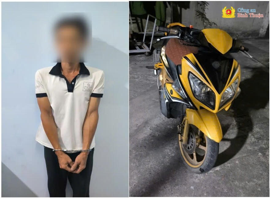 Đối tượng Đ.V.H cùng phương tiện gây án (Ảnh: Công an Bình Thuận).