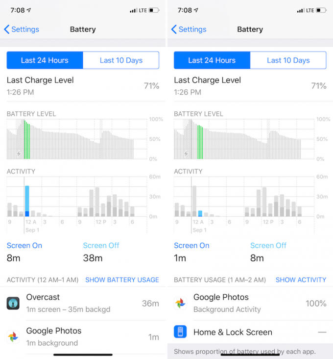 Chạm vào biểu đồ tương tác để xem ứng dụng sử dụng nhiều pin trong khoảng thời gian cụ thể.